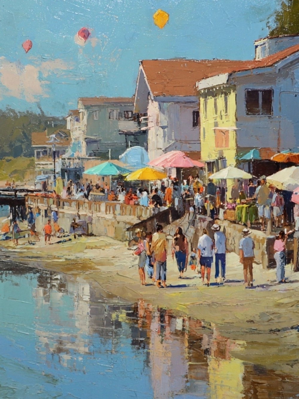 Sunny Coastal Market Day Art Print - Multicolor Beach Umbrellas